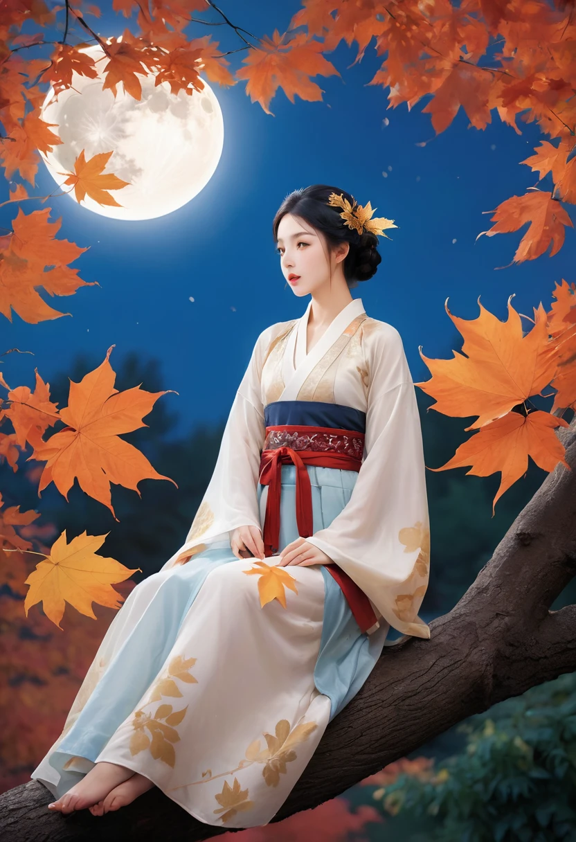 (masterpiece, best quality:1.2), full moon,A huge moon,moonlight,1girl,Girl's posture,autumn,autumn leaves,black hair,branch,breasts,falling leaves,in tree,Sitting on the trunk of a tree,Close range,Diagonal body,full body,Blue Hanfu,night,leaf,lips,long sleeves,looking at viewer,maple leaf,outdoors,sitting in tree,solo,tree,water
