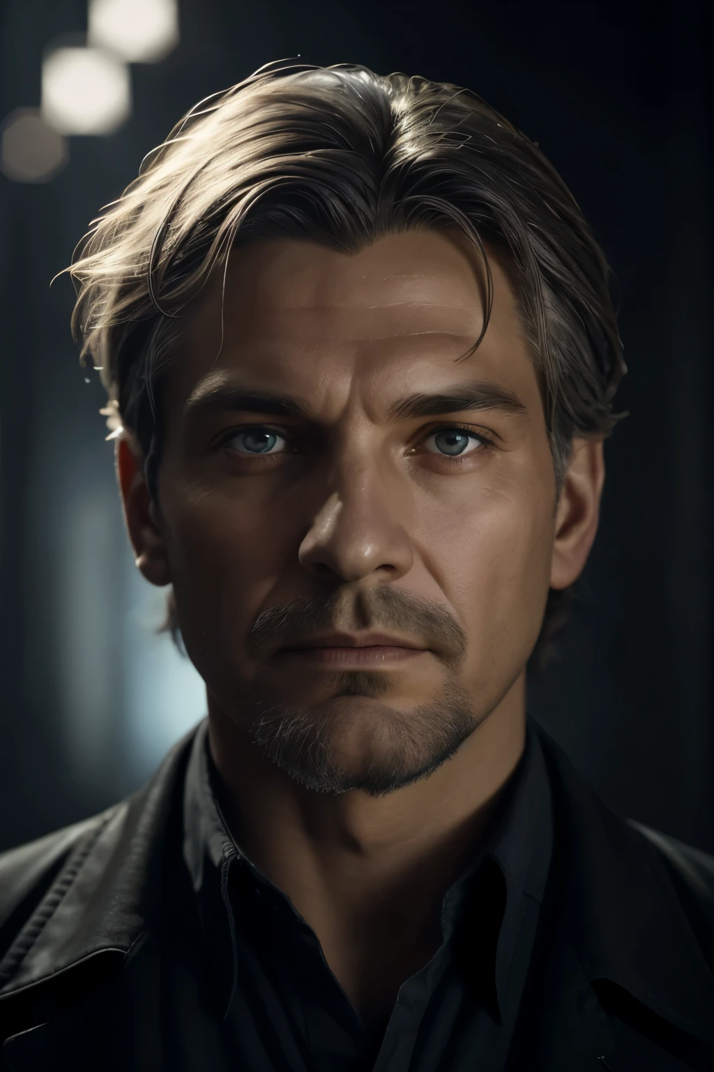 （Front Focus），（In the Darkness nigth：1.6），Surrealist male portrait by David Hockney and Alphonse Mucha，Fantasy art，Photorealistic，Dynamic Lighting，Art Station，Volumetric lighting，Highly detailed face，4K，Award-winning，Sad Man, In the Dark, Deep Shadow, Inconspicuous key, Cowboy Shot, 