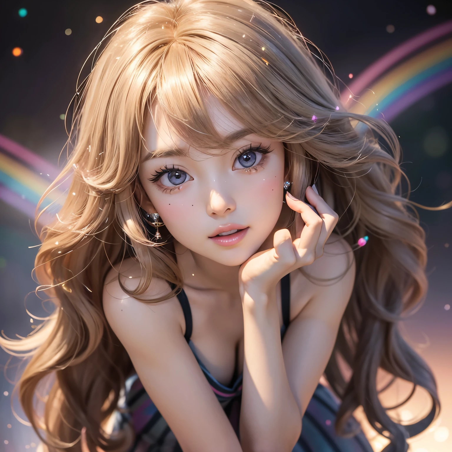 NSFW, 8k, High-level, absurd, masterpiece, best quality, primitive, very detailed CG, very detailed wallpaper, perfect lighting, Extremely detailed ((( personifying " Farrah Fawcett Majors " as a ))), MysticSight, Tyndall effect, Tyndall scattering, (Studio gray background with (Overflowing oodles Dazzling RainbowColorParticles (BokeH))), (RoundlyButts, ThighGap), (Exposed:0.4), (Assfocus with looking ahead) BREAK (Acutance:0.88), (NOGIZAKA face variations) Extremely Detailed very KAWAII face variations, perfect anatomy, Childish, CaptivatingGaze ElaboratePupils detailed Eyes with (sparkling highlights:1.28), (Voluminous LongEyelashes、GlossyRED Lips with beautiful details, RosyCheeks, Radiant PearlSkin with Transparency . { (Dynamic LifeLike expressions:1.4) | :d) }, (large eyes:-1) .