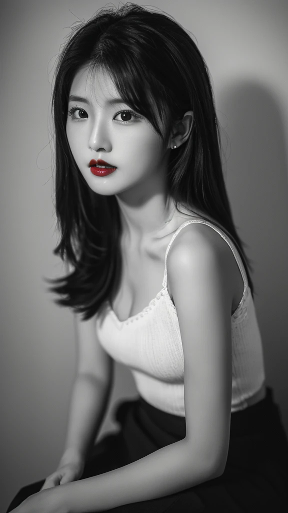 (((Black and white art:1.2、Black and white photography、RAW Photos、Film Grain)))、A beautiful 21 year old Japanese woman、((Fuller lips、Sexy red lips:1.3))、Attractive hairstyle、skirt、Highest quality、High resolution、High resolution、Cinema Lighting、Black and white photography、Professional Photographer、slim、Fashion Model