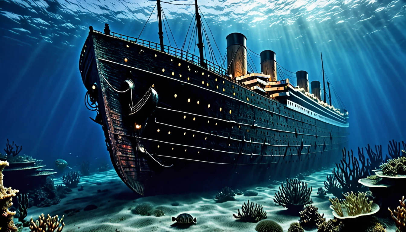 Mysterious drak Titanic ship in underwater , ultra HD , for mysterious dangerous story