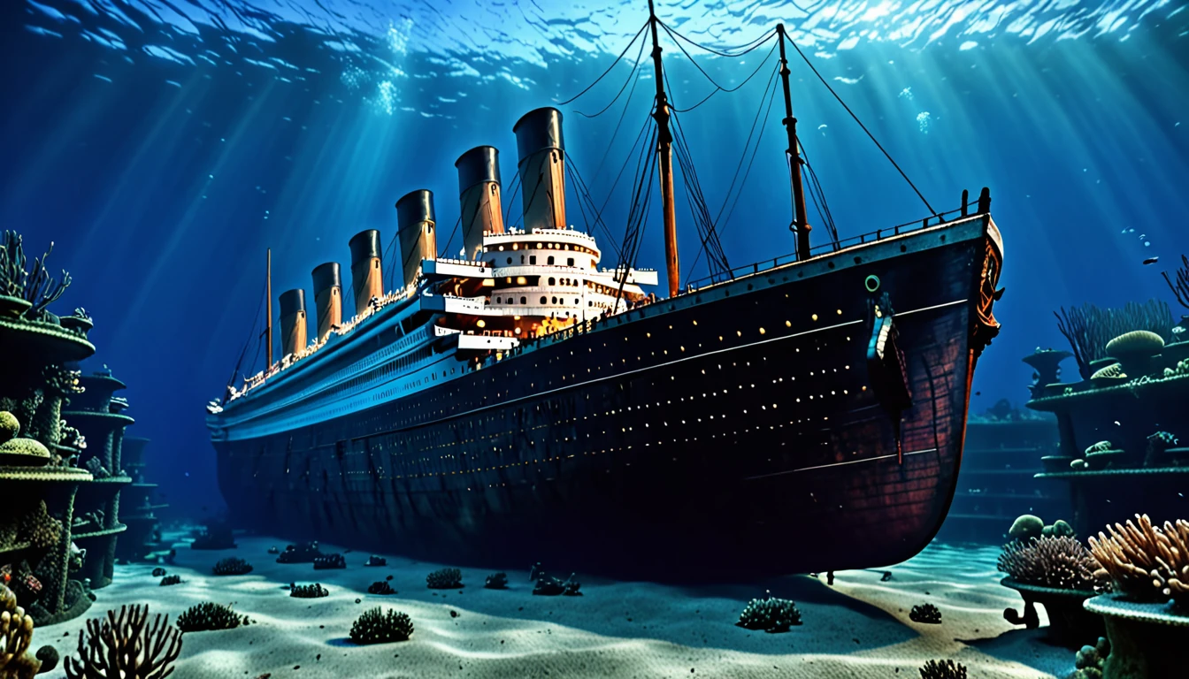 Mysterious drak Titanic ship in underwater , ultra HD , for mysterious dangerous story