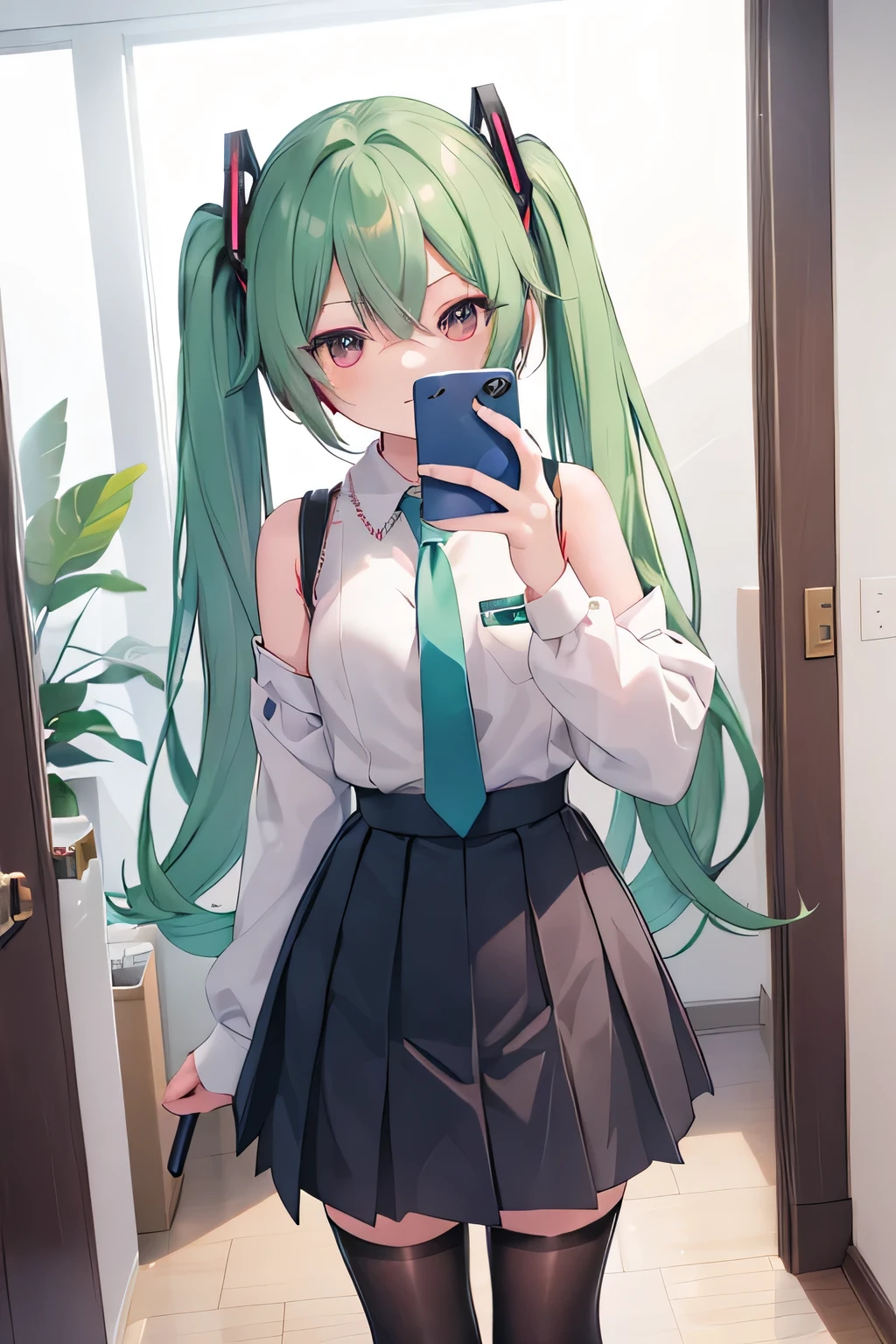 (masterpiece, Highest quality:1.3), One male , Front hair, green_hair, blush, brown_eye, bulge, Cosplay, Women, independent_sleeve, Embarrassing, eyelash, Hatsune_Miku_(Cosplay), Holding, Holding_Telephone, indoor, male_concentrated, mirror, tie, ototeeth_no_teeth, Telephone, Pleats_skirt, Selfie, shirt, skirt, No sleeve, No sleeve_shirt, alone, spring_Onion, Are standing, Sweat, Knee socks, Twin tails, umbrella, wig