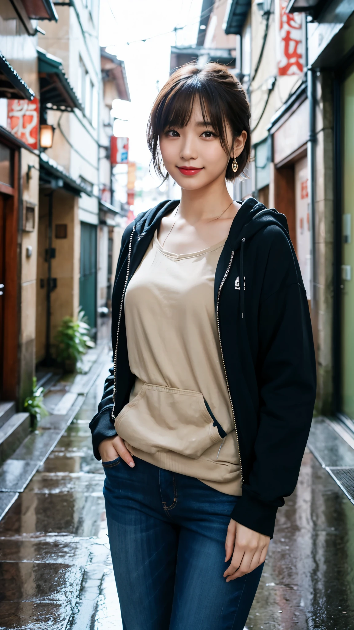 (Highest quality,masterpiece:1.3,Ultra-high resolution),(Super detailed,Caustics,8k), (Photorealistic:1.4, RAW shooting),Japanese,20-year-old,Natural brown short hair,Earrings,Natural Makeup,Red lipstick,smile,Black hoodie,jeans,Rainy Sky,Dim Alley,Low position,Low - Angle,Waist up shot
