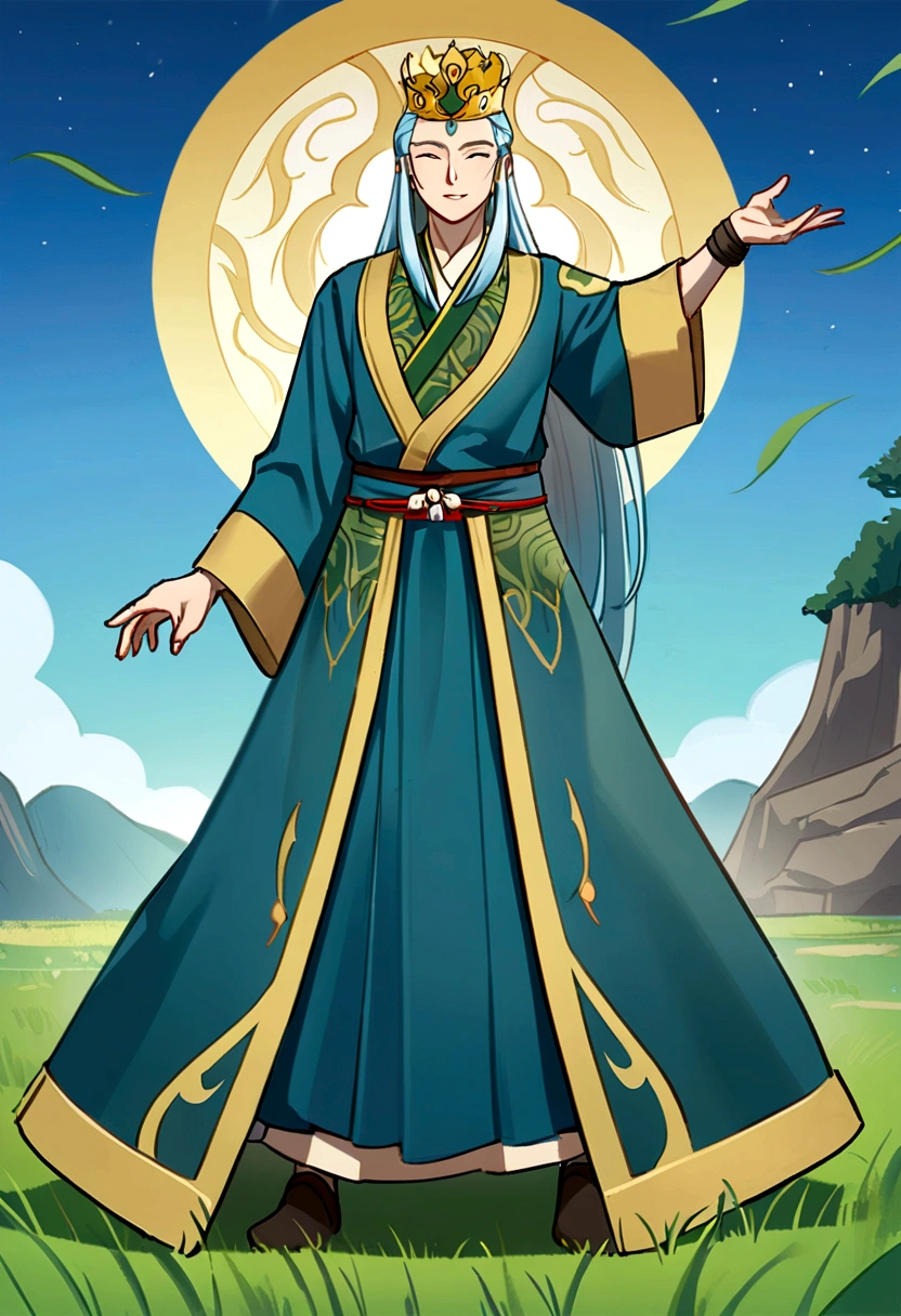 Araped man wearing blue robe and crown in field, Inspired by Hua Hua Bin, judge(Fan Kuan)Works inspired by, Guan Yu, 조즈바이Works inspired by, 리칸inspired by, 동위안inspired by, Zhaoyun, Inspired by Guo Xi, yellow heart(Huang Shen)inspired by, Inspired by Emperor Xuande, feng shui