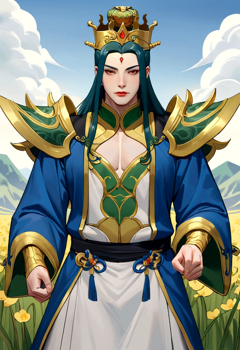 Araped man wearing blue robe and crown in field, Inspired by Hua Hua Bin, judge(Fan Kuan)Works inspired by, Guan Yu, 조즈바이Works inspired by, 리칸inspired by, 동위안inspired by, Zhaoyun, Inspired by Guo Xi, yellow heart(Huang Shen)inspired by, Inspired by Emperor Xuande, feng shui