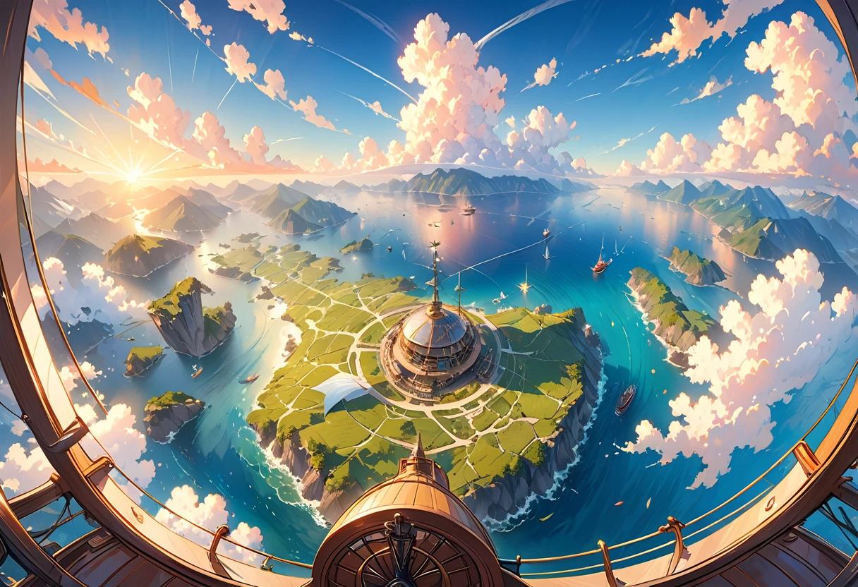 Highest quality, Super detailed, (Ultra-high resolution,8K), Spectacular view from the airship cabin,Fantasy, The world of picture books, Professional photography techniques