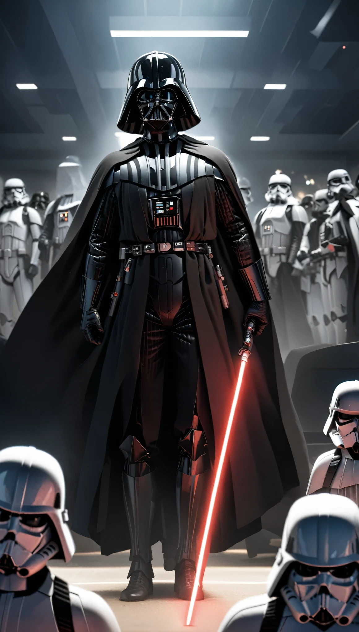 darth vader standing in front of a group of storm troopers in a room, holding lightsabe in his hands, walking across a bunch of stormtroopers behind him, Black_outfit,hood, hood_up, boots, darth vader helmet,cape,armor, shoulder armor, armored boots, glowing_sword, glowing_weapon,holding_sword, holding_weapon, hood, laser, lightsaber,holding a lightsaber,energy_sword, glowing, glowing_weapon,darth vader, 1 Man, looking at viewer,(closed mouth:1.0), NSFW,official art,extremely detailed CG unity 8k wallpaper, perfect lighting,Colorful, Bright_Front_face_Lighting, (masterpiece:1.0),(best_quality:1.0), ultra high res,4K,ultra-detailed, photography, 8K, HDR, highres, absurdres:1.2, Kodak portra 400, film grain, blurry background, bokeh:1.2, lens flare, (vibrant_color:1.2)