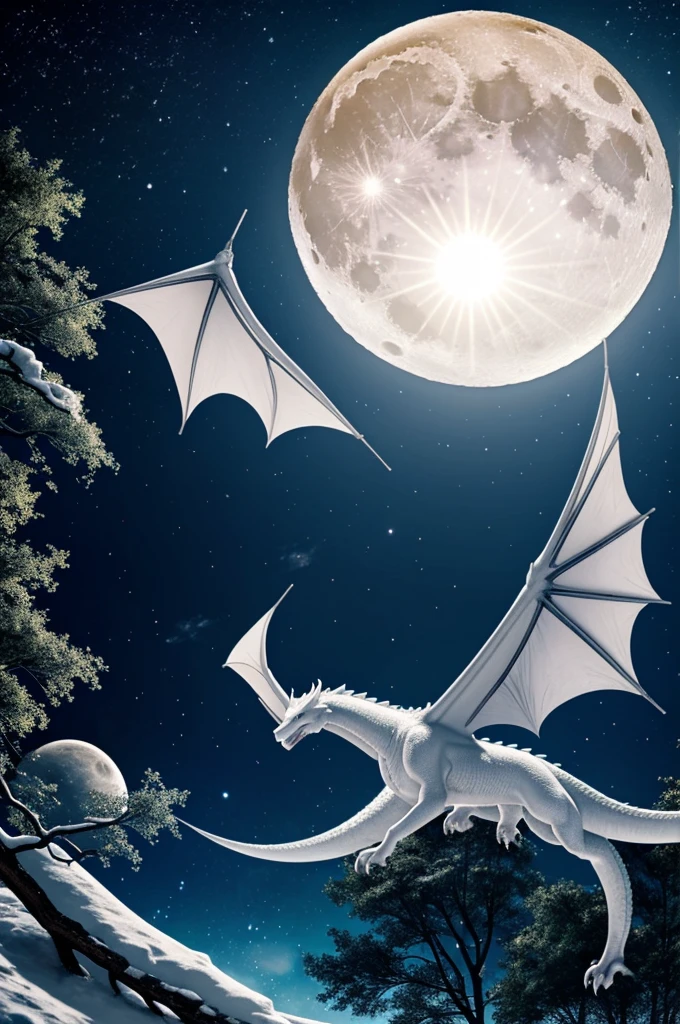 A white dragon is flying in the sky in the forest with the sun about to rise, the moon is about to fall, with a clear sky