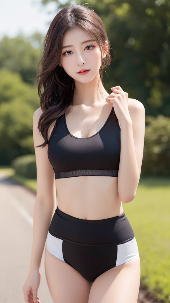 ((Top  Quality、8K、​masterpiece:1.3))、a tall and beautiful woman、Perfect Figure:1.4、Slim Abs、dark brown hairstyle、shorth hair、Light grey yoga pants、No postural movement、Stand up straight、Huge bust、Highly detailed facial and skin texture、A detailed eye、Double eyelidd、Cold-stricken face、Royal sisters full of fans、Telegraph Esbian、peach buttocks、Small sports bra、squart、(Raw foto:1.2)、((Photorealcitic:1.4))Top  Quality、​masterpiece、illustratio、very delicate and beautiful.、super detailed CG、Unity、8K photo wallpaper、delicate detail、best qualtiy、Highly detailed CG unity 8k wallpaper、absurderes、Incredibly Absurd、huge file size、extremely highly detailed、Hight Resolution、ighly in detail、Beautiful detail girl、extremely detailed eyes and face、beautiful delicate eyes、Facial light、cinematic lightings、1girll、see -through,Watch your audience,plein air,Sunny and cheerful、high ponytail、a sporty girl、ulzzang-6500、Telegraph Esbian、yoga clothes、Sportsgirl、gym、Tranning、Exercise、machinery