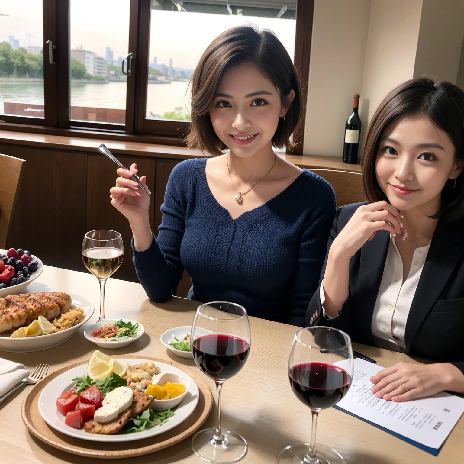 ((Highest quality、8K、masterpiece:1.3))、slimカップル、Pink Lover、modelカップル、(Realistic, Intricate details:1.2), full-course dinner、Wine Party、Amazing view of the sunset sky and clouds、A bright smile、The wonderfulness of smile、Bright image、The beauty of wine, Beautiful Face, blue eyes, The light shines on your face, Blushing, short hair,Bright Face、 (Age 37), 39 years old, red wine 、Appetizers、Italian food、Wine bottle、Champagne、sparkling wine、Two beauties、Brown Hair、Shortcuts、Long sleeve shirt、dress、Beautiful woman 1, (slimな顔), (The body is slim), (Brown Hair), (Shortcuts), cheeks turn a little red,Attractive beauty、restaurant, In a prominent place (From the waist up) Nova Frog Style, actress, model, Upper Body, White wine, slim, wine glass, 中央に置かれたwine glass, smile, (smile: 1.15), Beautiful fine grain, Depth f/2,saturation, High Contrast, Strong light and shadow,Moist Body:1.5、3D texture、Delicate eyes、Brown Hair、The hair is very shiny、