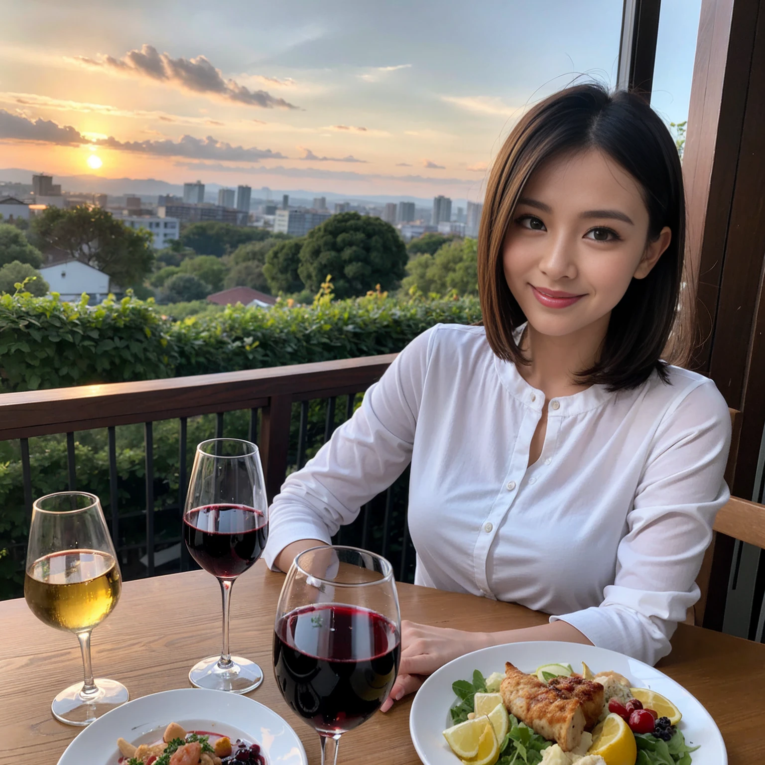 ((Highest quality、8k、masterpiece:1.3))、 (Genuineistic, Genuine、Bright image、Intricate details:1.2), 最高のsmile 男性1人 女性1人、美しいCouple、spouse、Relatives and friends、actress Couple、Couple、モデルCouple、smile、Full-course dinner at a packed table、テーブルにwine glass、 (Slim face), (the body is slim), (Brown Hair), (short hair), Please shine a light on my face、 Amazing view of the sunset sky and clouds、 (age 34), 38 years old, red wine 、Appetizers、Wine bottle、sparkling wine、Long sleeve shirt、dress、White wine, red wine, wine glass,