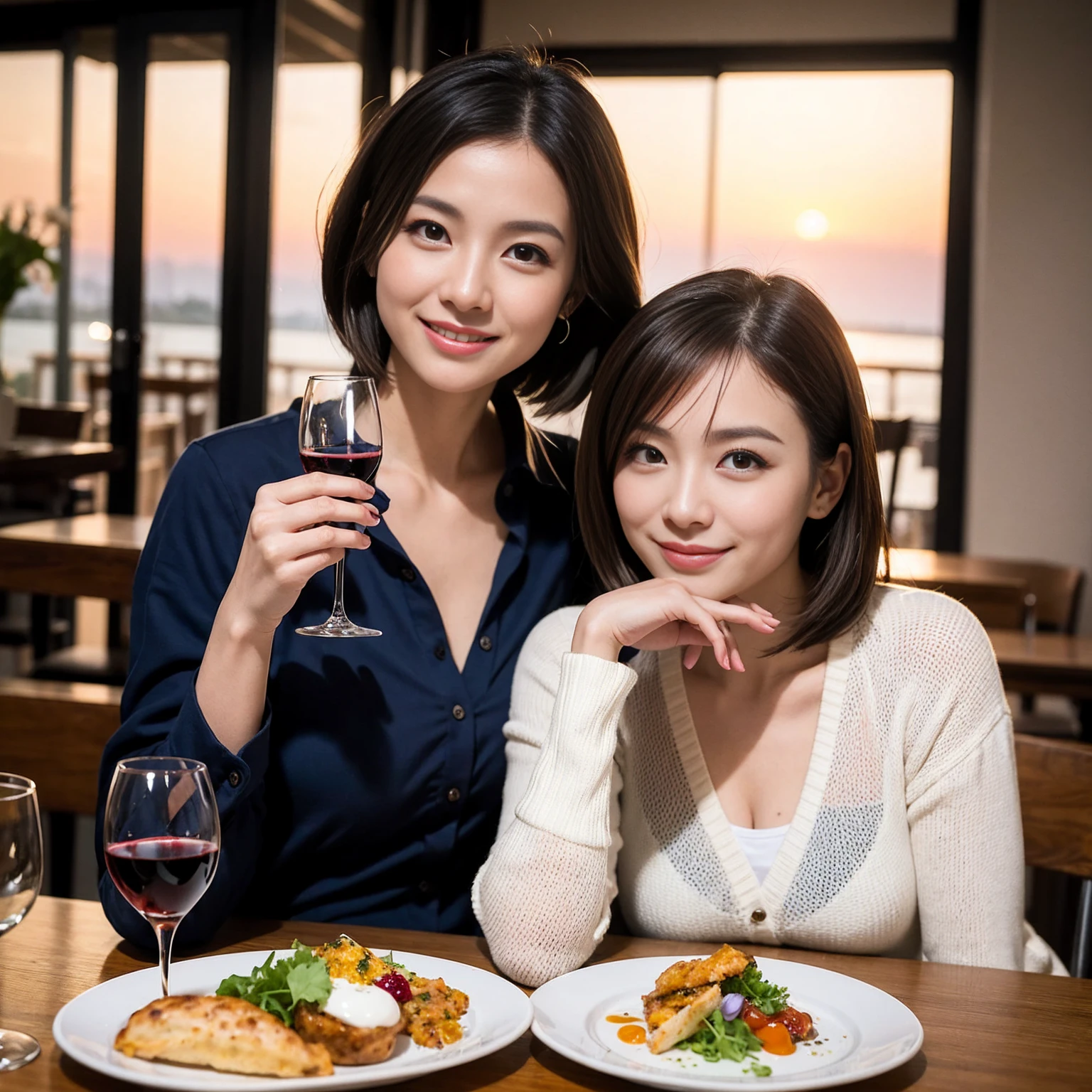 ((Highest quality、8k、masterpiece:1.3))、 (Genuineistic, Genuine、Bright image、Intricate details:1.2), 最高のsmile 男性1人 女性1人、美しいCouple、spouse、Relatives and friends、actress Couple、Couple、モデルCouple、smile、Full-course dinner at a packed table、テーブルにwine glass、 (Slim face), (the body is slim), (Brown Hair), (short hair), Please shine a light on my face、 Amazing view of the sunset sky and clouds、 (age 34), 38 years old, red wine 、Appetizers、Wine bottle、sparkling wine、Long sleeve shirt、dress、White wine, red wine, wine glass,