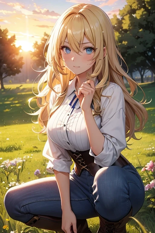 Anime style 21-year-old female character with blond, waist-length, wavy hair, V bangs, and blue eyes, squatting in a spring field at sunset, viewed frontally. She appears tired and is panting, with sweat on her forehead, dressed in a white blouse with a chocolate-colored corset over it, skinny tight blue jeans, and high boots. The background is a vibrant spring landscape with blooming flowers, green grass, and a warm sunset glow, creating a peaceful yet dynamic setting.