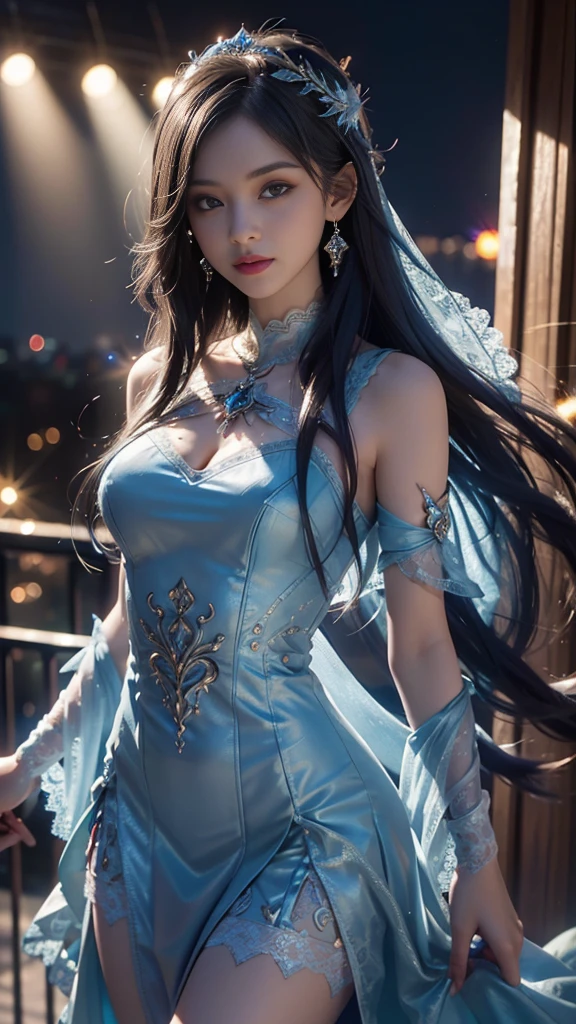 8K, UHD, MAsterpiece, best quality, 1 girl, (realistic face), happy pace, very long hair, small breasts, decorated dress, very beautiful ornaments dress, blue color, ((lace)), mesh dress, sardine, loops, legendary night balcony, depth of field, cinematic lighting, chromatic aberration, motion blur, glowing light, god rays, ray tracing, reflection light, backlighting, knee short,