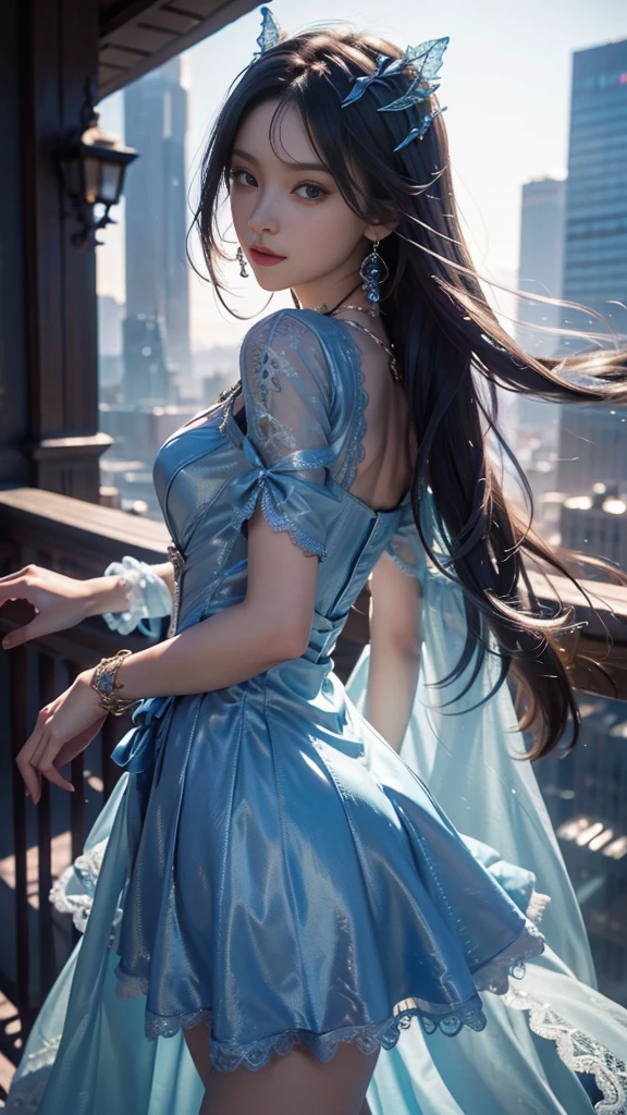 8K, UHD, MAsterpiece, best quality, 1 girl, (realistic face), happy pace, very long hair, small breasts, decorated dress, very beautiful ornaments dress, blue color, ((lace)), mesh dress, sardine, loops, legendary night balcony, depth of field, cinematic lighting, chromatic aberration, motion blur, glowing light, god rays, ray tracing, reflection light, backlighting, knee short,