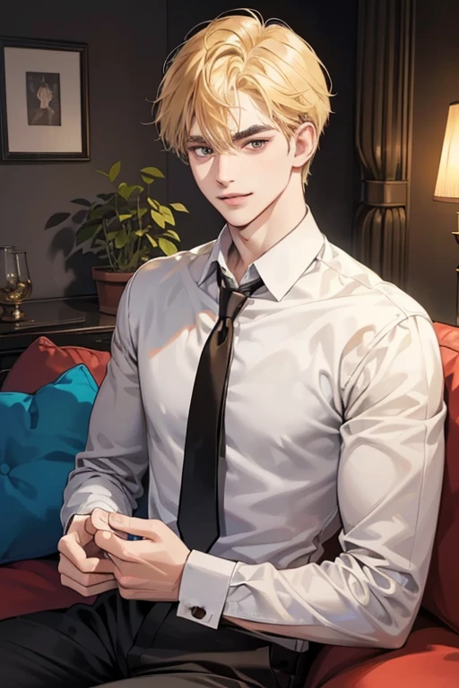 (masutepiece, Digital Art, Digital Illustration, 4K, 8K, Ultra-detailed, beautiful image, Sharp Image, Photorealistic, Raw photo, Perfect face, Perfect lines, Perfect eyes, Soft lighting) 1 male human, (a blond,Brown eyes,hair between eye,hair messy,short-hair,deadpan,Goofy face,Parallel eyebrows,Narrow-eyed,kindly smile,ember,28 years old:1.3),Handsome men, (ember,Business Shirt,neck tie,Thin macho,Firm shoulder width,Adult male:1.2),small plants,Sleepy face,Frantically opening your eyes,Loosen your tie,5 minutes before work,Living alone in a 1LDK,Hairstyle check,inside in room,Simple sofa,Double sofa