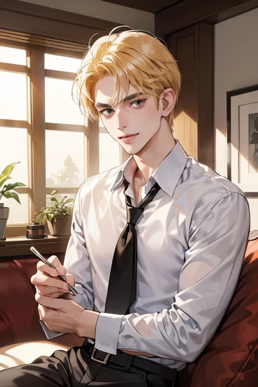 (masutepiece, Digital Art, Digital Illustration, 4K, 8K, Ultra-detailed, beautiful image, Sharp Image, Photorealistic, Raw photo, Perfect face, Perfect lines, Perfect eyes, Soft lighting) 1 male human, (a blond,Brown eyes,hair between eye,hair messy,short-hair,deadpan,Goofy face,Parallel eyebrows,Narrow-eyed,kindly smile,ember,28 years old:1.3),Handsome men, (ember,Business Shirt,neck tie,Thin macho,Firm shoulder width,Adult male:1.2),small plants,Sleepy face,Frantically opening your eyes,Loosen your tie,5 minutes before work,Living alone in a 1LDK,Hairstyle check,inside in room,Simple sofa,Double sofa