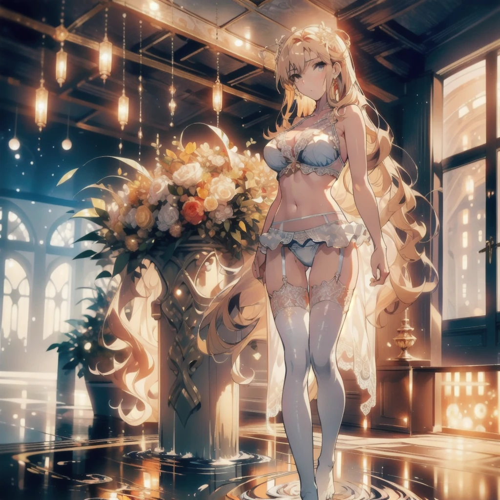 ((masterpiece, best quality)), Delicate face,fighter,whole body,Standing picture,Long legs,Large Breasts,Gradient long wavy hair,Perfect body proportions,Pretty golden eyes,Extremely beautiful,transparent, Pure white background,cloud,Dragon Soul,Water Ripples,Erotic_lingerie,Sexy_Bikini,Lace,Garter stockings