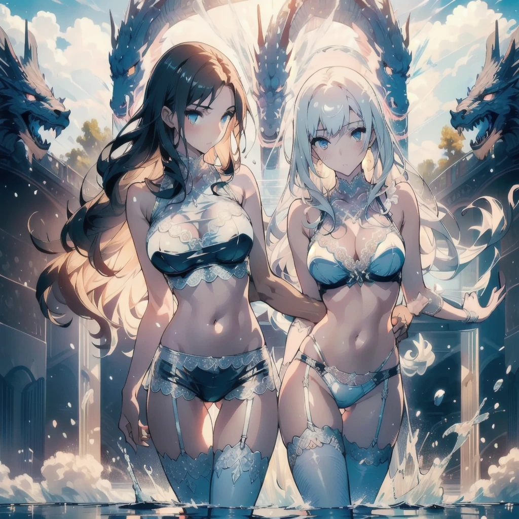 ((masterpiece, best quality)), Delicate face，fighter，whole body，Standing picture，Long legs，Large Breasts，Gradient long wavy hair，Perfect body proportions，Pretty golden eyes，Extremely beautiful，transparent， Pure white background，cloud，Dragon Soul，Water Ripples，Erotic_lingerie，Sexy_Bikini，Lace，Garter stockings