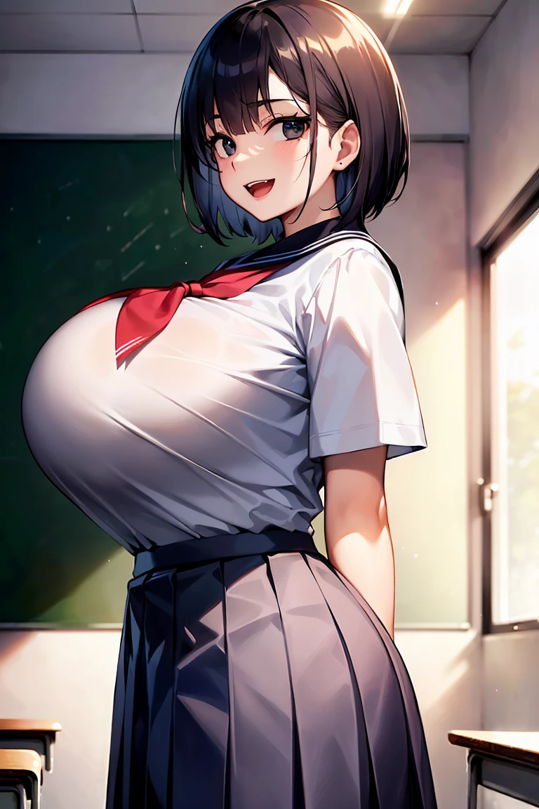 high resolution, extremely detailed CG, unity 8k wallpaper, super detailed skin, perfect anatomy, detailed, cinematic lighting, dynamic lighting, beautiful detailed eyes, one girl, cowboy shot, (black short hair, black eyes:1.2), (arms behind back:1.2), (evil smile:1.2), open mouth,  (beautiful girl, delicate girl:1.3), (18yo:1.6), curvy body, extremely fine-grained clarity, (symmetrical eyes:1.3), (classroom:1.2), (school uniform, pleated skirti:1.6), (gigantic breasts:1.4), (Eye and face details:1.0), gleaming skin, looking at viewer, (from the right side:1.3),