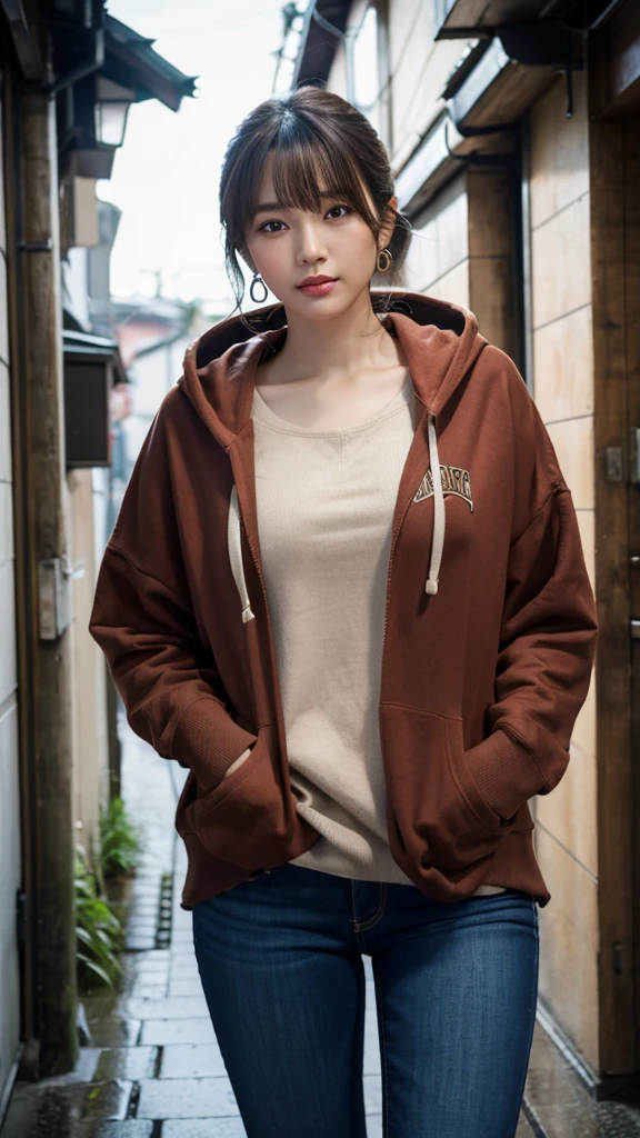 (Highest quality,masterpiece:1.3,Ultra-high resolution),(Super detailed,Caustics,8k), (Photorealistic:1.4, RAW shooting),Japanese,20-year-old,Natural brown short hair,Earrings,Natural Makeup,Red lipstick,Black hoodie,jeans,Rainy Sky,Dim Alley,Low position,Low - Angle,Bust up shot