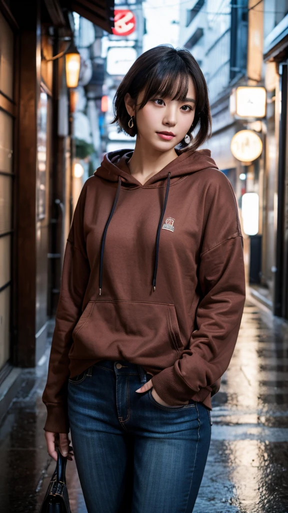 (Highest quality,masterpiece:1.3,Ultra-high resolution),(Super detailed,Caustics,8k), (Photorealistic:1.4, RAW shooting),Japanese,20-year-old,Natural brown short hair,Earrings,Natural Makeup,Red lipstick,Black hoodie,jeans,Rainy Sky,Dim Alley,Low position,Low - Angle,Bust up shot