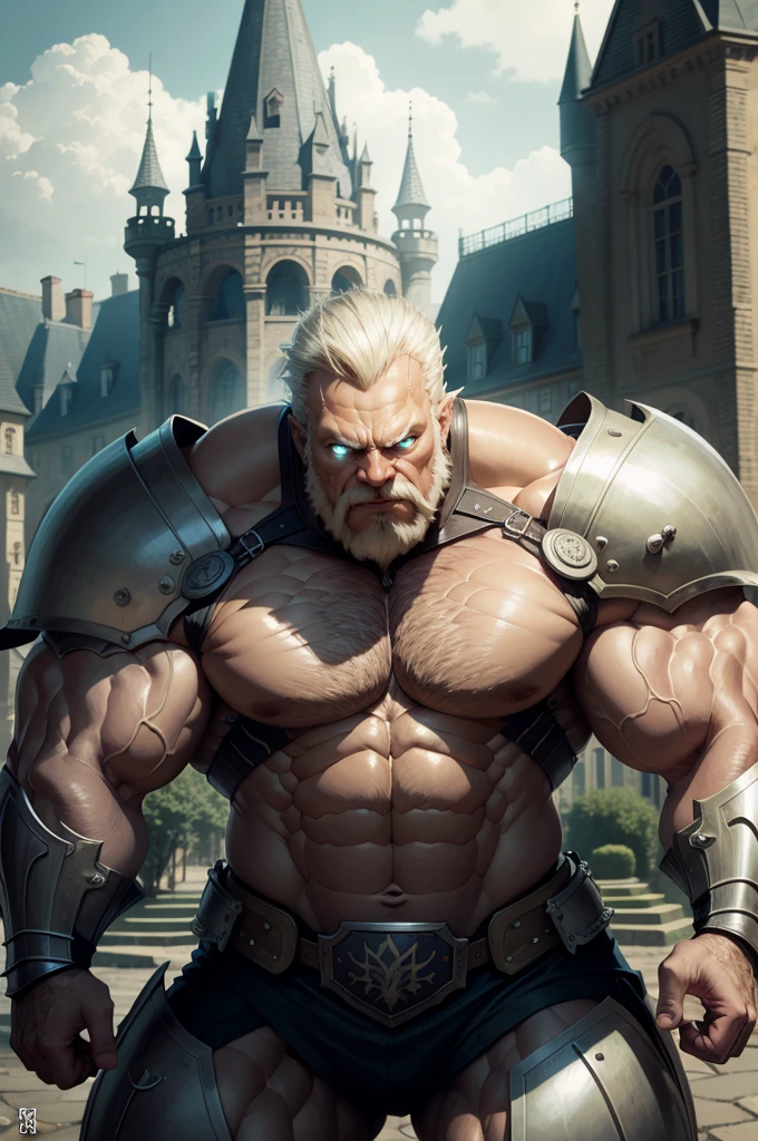 old man knight, armored, castle background, muscular, wearing armor, angry face, sharp eyes, gaze