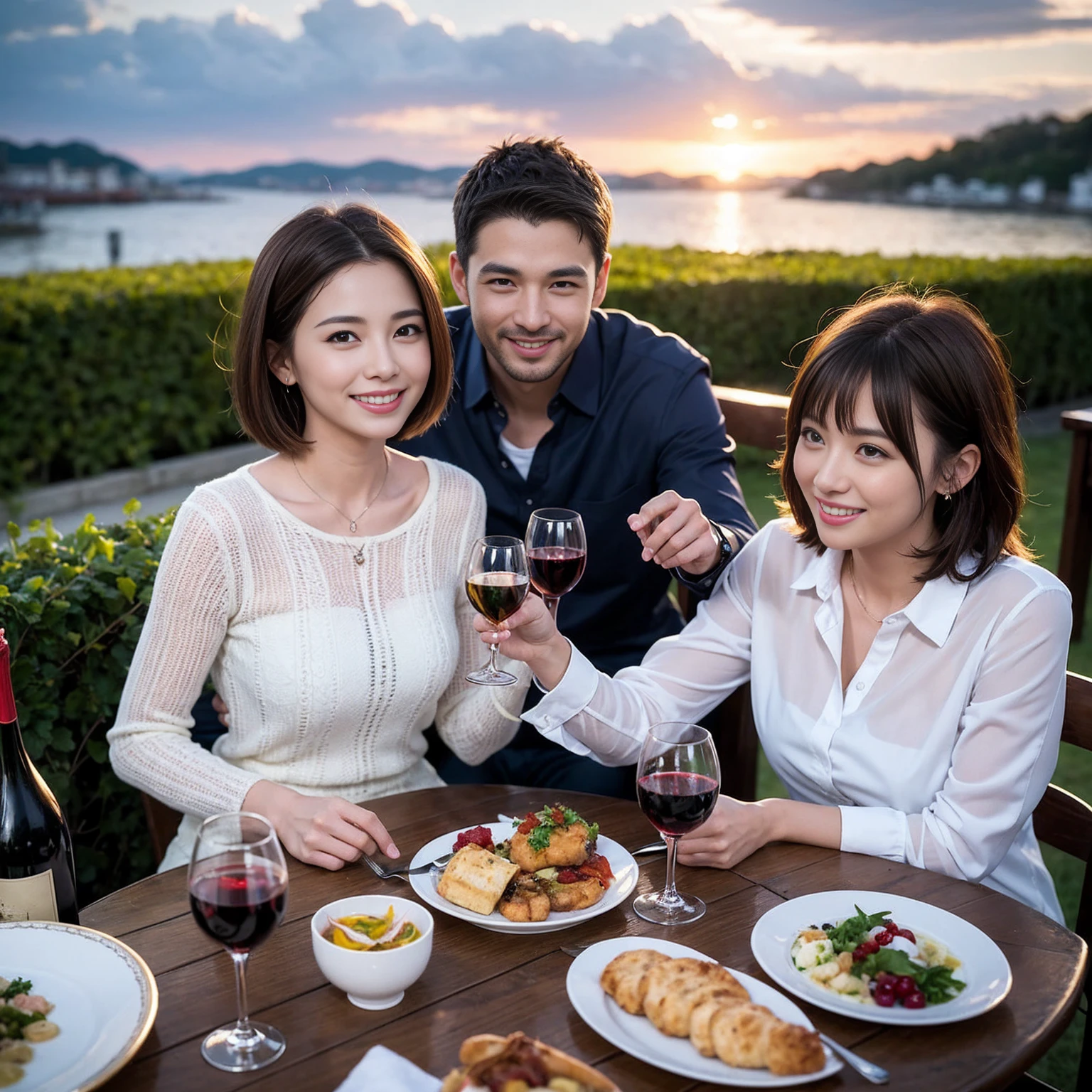 ((Highest quality、8k、masterpiece:1.3))、 (Genuineistic, Genuine、Bright image、Intricate details:1.2), 最高のsmile 男性1人 女性1人、Beautiful couple、lover、Relatives and friends、spouse、actress couple、smile、Full-course dinner at a packed table、 (Slim face), (the body is slim), (Brown Hair), (short hair), テーブルのwine glass、Please shine a light on my face、 Amazing view of the sunset sky and clouds、 (33 years old)38 years old, red wine 、Appetizers、Wine bottle、sparkling wine、Long sleeve shirt、dress、White wine, red wine, wine glass,
