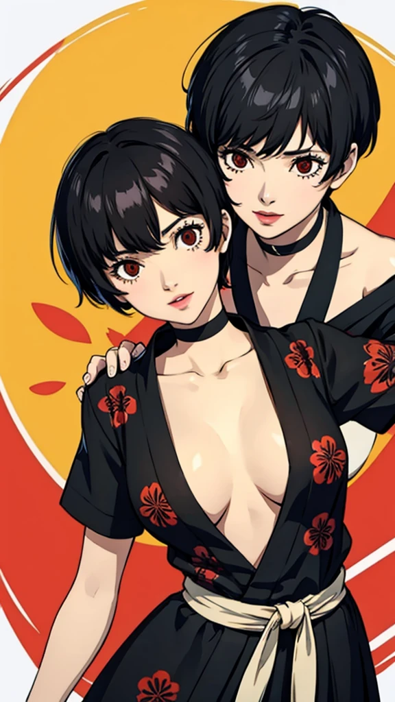 1girl, smile, red eyes, tomboy Pixie haircut, very Short hair, black hair, black choker, yukata, medium breast, lipstick, cowboy shot