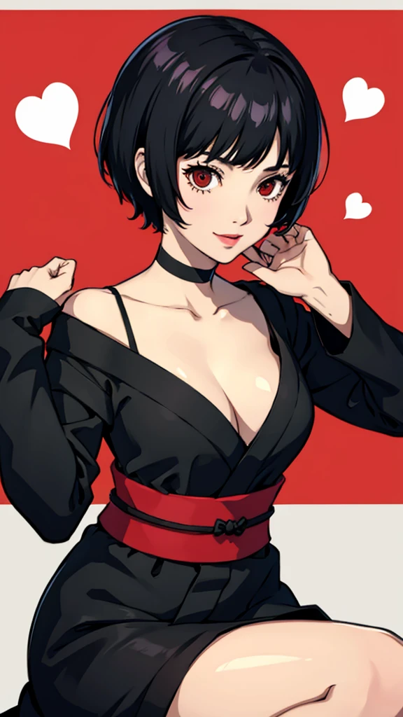 1girl, smile, red eyes, tomboy Pixie haircut, very Short hair, black hair, black choker, yukata, medium breast, lipstick, cowboy shot