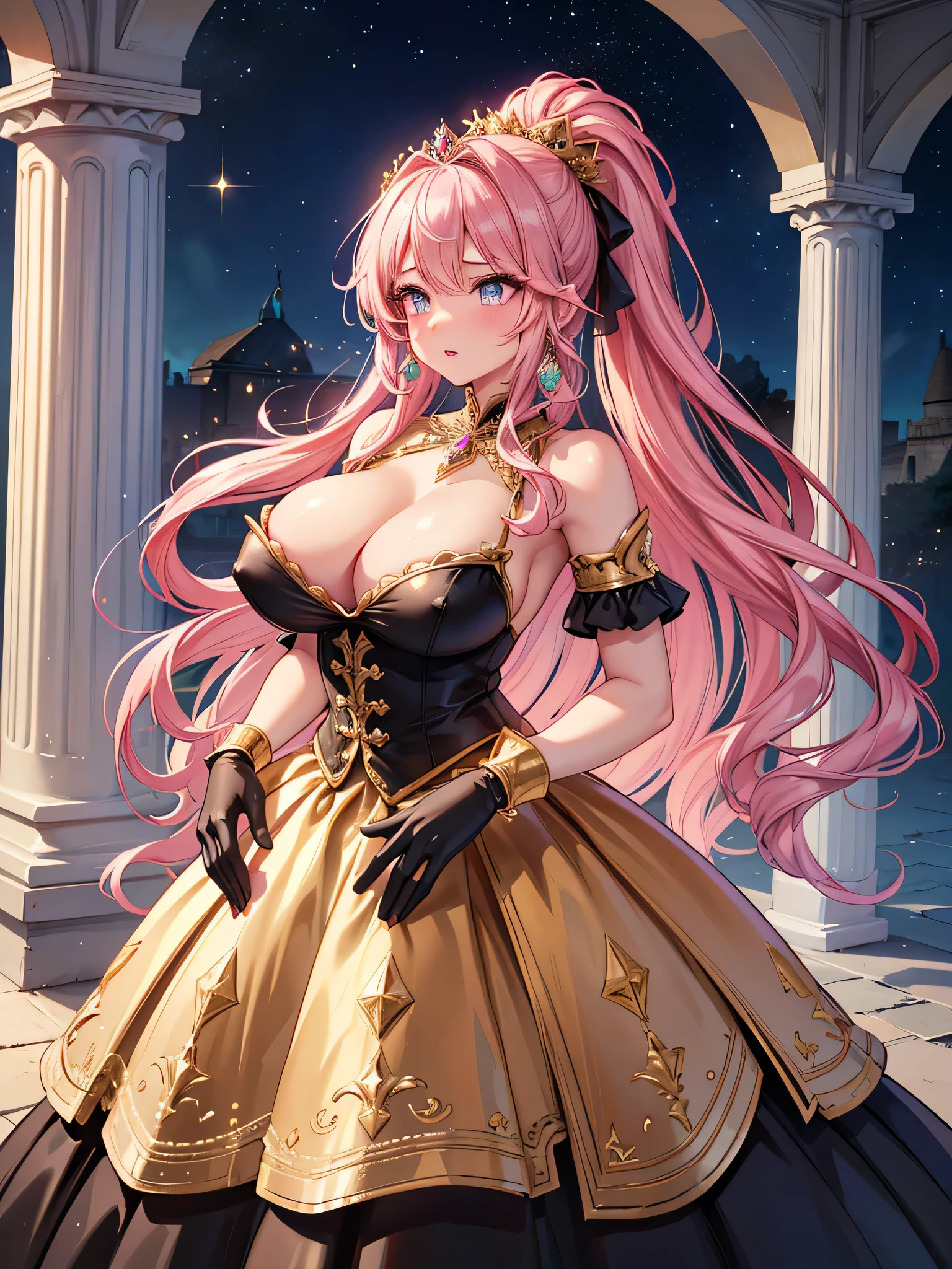 Super detailed ,best quality ,very aesthetic ,looking up ,upper body ,from above ,A young-looking princess ,Beautiful eyes like jewels ,Embarrassed look ,A seductive face ,Beautiful Lips ,(Hair blowing in the wind ,Pink Hair ,Fluffy ponytail ,Curly Hair ,Expressive hair ,very voluminous hair) ,A silver tiara with glittering ornaments and sparkling jewels ,Crystal earrings with glittering gold embellishments ,A very luxurious jeweled hair ornament ,(Full-length ruffled hoop skirt ,crinoline ,A gorgeous black Rococo ball gown dress with gorgeous embroidery and jewels. ,Voluminous full-length pleated skirt), Silk gloves ,Open chest ,Textured skin ,Emphasized cleavage ,Huge ,Big Breasts ,Nipples ,The tip of the index finger of the right hand is placed on the lips ,(Shining Light ,Fantasy ,fantasy city ,Ruins with white stone pillars ,Outside the castle),