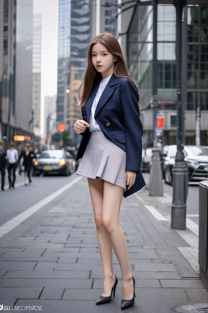 the most beautiful face of a 16 year old actress, perfect proportions of female body, blazer is worn on shirt, female crotch between bare legs, panties are seeable because skirt is too short, in the city, standing, nsfw, best quality, highly detailed, masterpiece, ultra high res, photo realistic, 8k