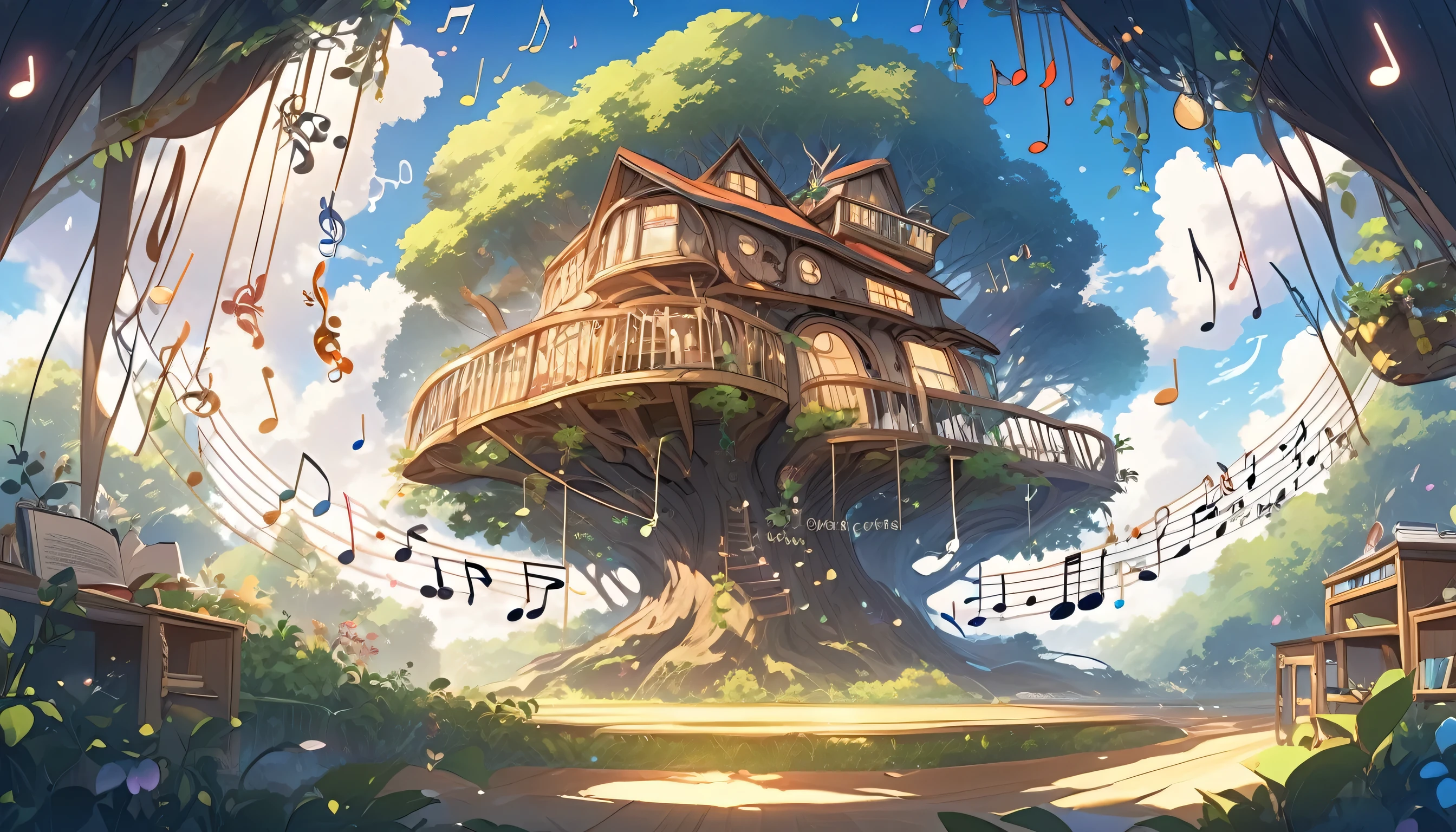 Magical treehouse classroom floating in a sky filled with musical notes and English words, a boy and girl peeking out from windows, Studio Ghibli style