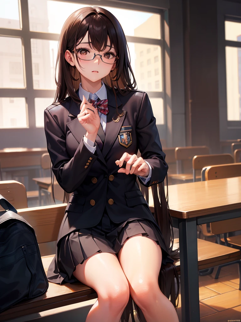 One woman、Brown haired(like)、Brown eyes、Black-rimmed glasses、 Highest quality、Ultra-detailed、8K resolution、RAW Photos、Gorgeous face、School、Blazer Uniform