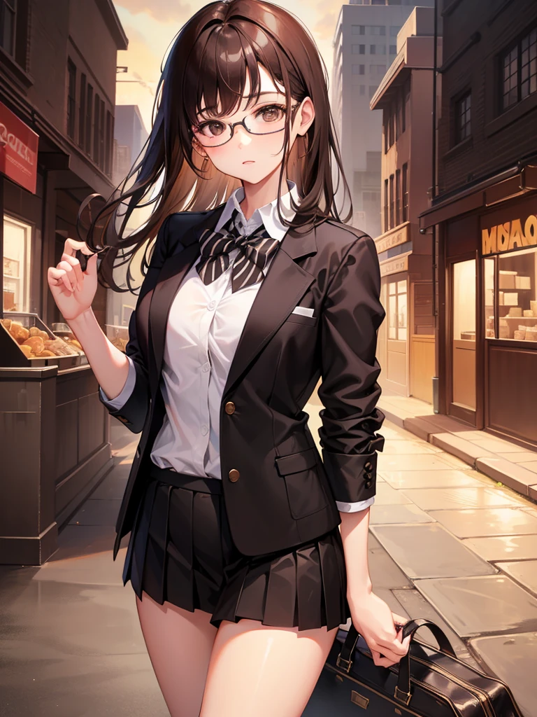 One woman、Brown haired(like)、Brown eyes、Black-rimmed glasses、 Highest quality、Ultra-detailed、8K resolution、RAW Photos、Gorgeous face、School、Blazer Uniform