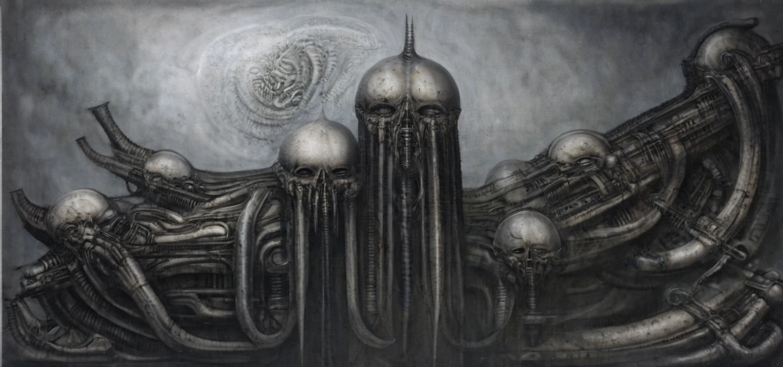 Create biomechanical tableau with some of the artistic techniques and compositional features used in /&quot;Necron IV/” by h r (Hans Rudie) giger:
 The image depicts a complex, sprawling city made of dark ivory, metal and wires. The city is densely packed with loops and twists, resembling a massive, intricate machine.
The painting is composed around a central focus of bone-like celestial formations and tectonic weathering structures with a phallic spine. This central form is the most detailed and brightly lit part of the painting, and it draws the viewer's eye in.The central focus is emphasized by the use of light and shadow. The light source is coming from the top left of the painting, and it casts a bright spotlight on the scene.
Biomorphic forms: The biomechanical forms in the painting are inspired by biological organisms, but they are also machine-like. These forms create a sense of unease and discomfort, as they blur the line between the natural and the artificial
. The image is highly detailed and intricate, uses, with transparent organs and bones exposed). The piece has a thick mechano-organic texture and is covered in fine details. The image has a swirling, organic quality to it. The artistic manner would be unmistakably Gigeresque. A dark and unsettling beauty would permeate the piece, blurring the lines between fascination and repulsion , forever haunted by the grotesque allure. Giger's signature artistic manner would be evident in every stroke. The airbrush would be wielded with masterful precision to create a hyperrealistic yet nightmarish aesthetic.,hrgiger,H.G. Giger Style, Biomechanics,HRGigerArhP style