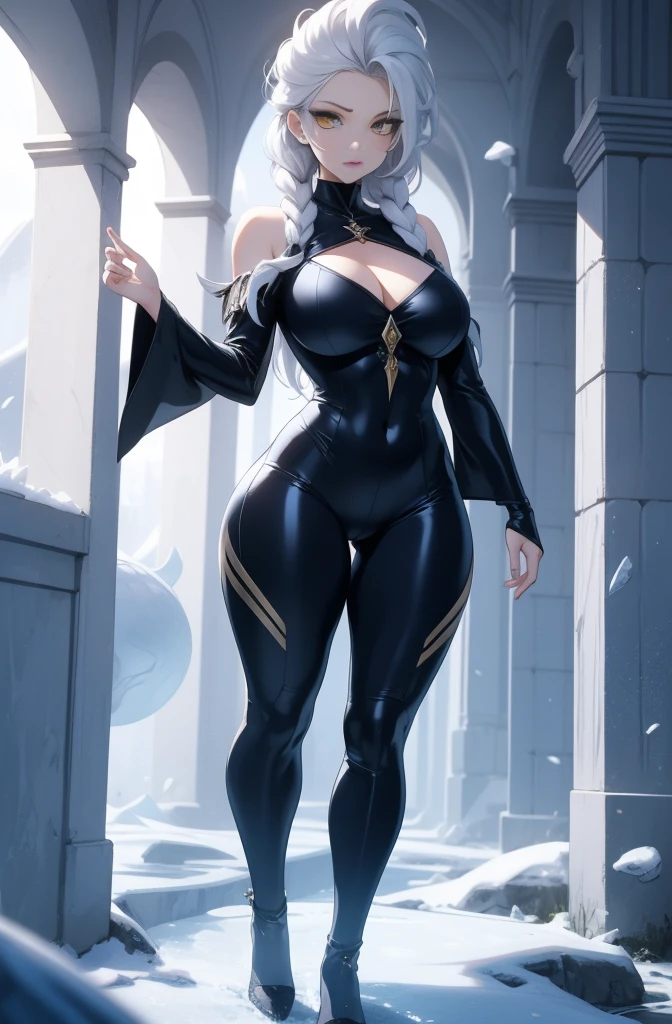 female, solo, young, sexy body, voluptuous figure, tightsuit, white hair, decolored blonde hair, ice effects around, ice queen, beautifull face, long hair, defined body, yellow and bright eyes, thick legs, strong legs, tall, Voluptuous legs, huge ass, big hip, big ass, female sorcerer, blue and black robes,