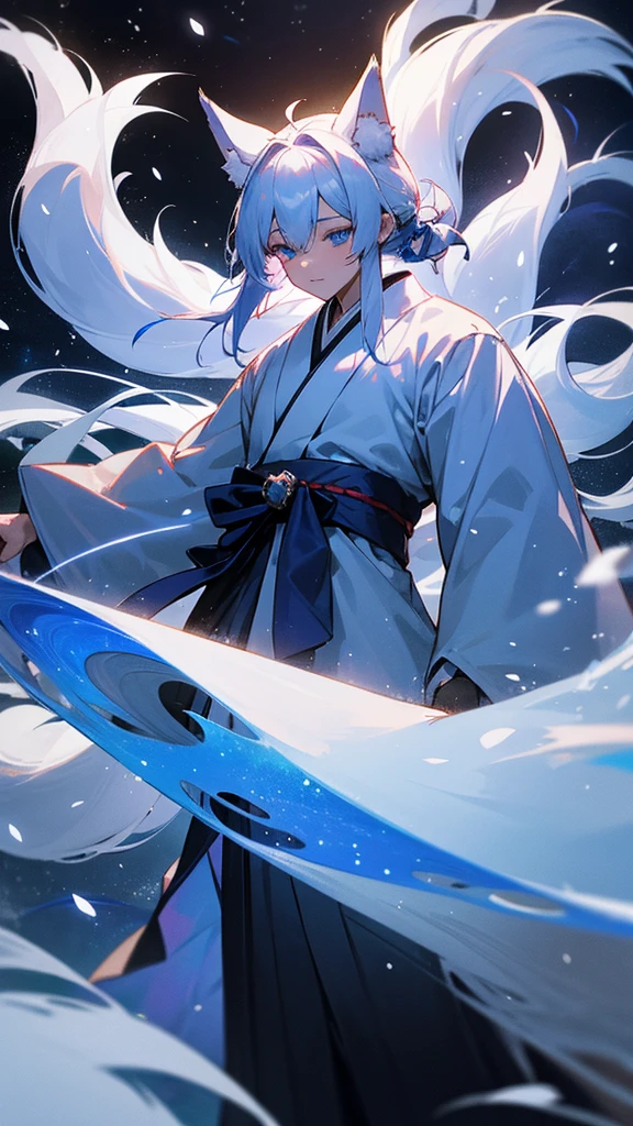 A fantastical scene featuring a character with silver hair and blue eyes. The character is wearing a traditional Japanese hakama and has fox ears and nine fox tails. A blue aura surrounds them, adding an ethereal glow to their presence. The scene is set on a moonlit night with gentle snowfall, creating a serene and magical atmosphere. The moonlight reflects off the snow, adding a shimmering effect to the entire scene.
