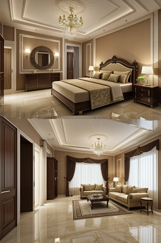 Professional architectural 3D rendering of the interior design of the villa in a modern style using Iranian tiling and paintings with tiling on the walls.