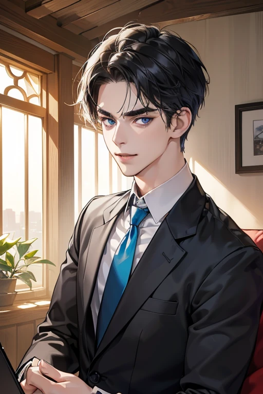 (masutepiece, Digital Art, Digital Illustration, 4K, 8K, Ultra-detailed, beautiful image, Sharp Image, Photorealistic, Raw photo, Perfect face, Perfect lines, Perfect eyes, Soft lighting) 1 male human, (a black,blue eyes,hair between eye,hair messy,short-hair,deadpan,Goofy face,Parallel eyebrows,Narrow-eyed,kindly smile,ember,28 years old:1.3),Handsome men, (ember,Business Shirt,neck tie,Thin macho,Firm shoulder width,Adult male:1.2),small plants,Sleepy face,Frantically opening your eyes,Loosen your tie,5 minutes before work,Living alone in a 1LDK,Hairstyle check,inside in room,Simple sofa,Double sofa