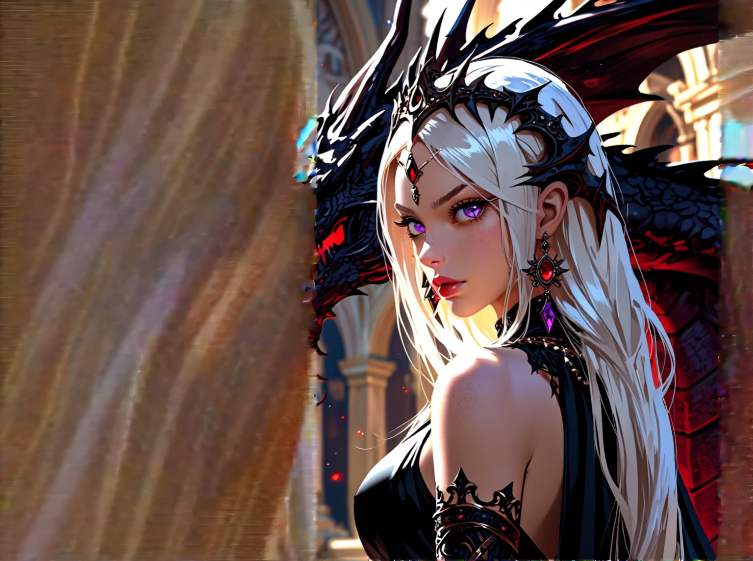 white long hair, wear a crown on the head, black dress and purple eyes, Serious look, There is dark red dragon on the back, The background is ruins, queen of dragons, detailed digital anime art, fantasy art style, 2. 5 d cgi anime fantasy artwork, epic fantasy digital art style, 4k fantasy art, anime style 4 k, 8k high quality detailed art