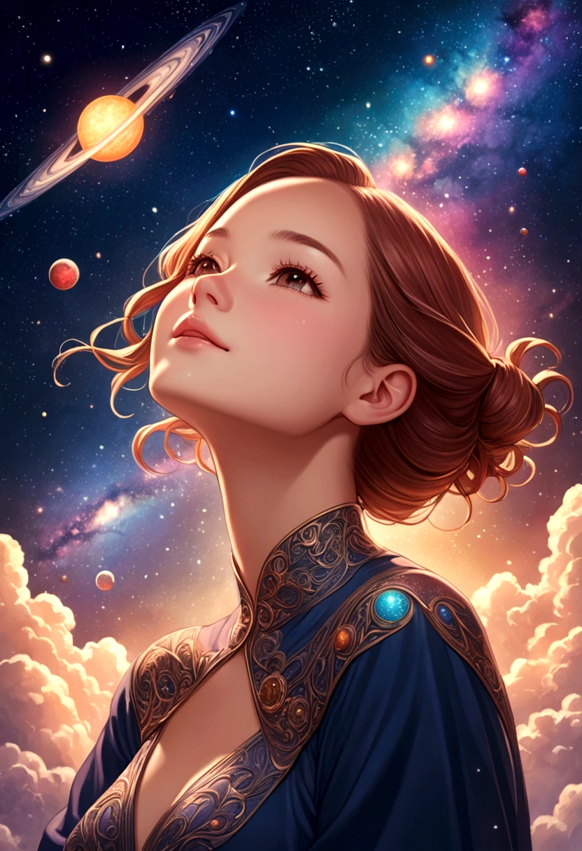 high detail, Super details, ultra high resolution, Girl enjoying time in dreamy galaxy, surrounded by stars, Warm light shines on her, The background is starry sky,There are colorful galaxies and galaxy clouds, Stars are flying around her, delicate face, Add a playful atmosphere ,