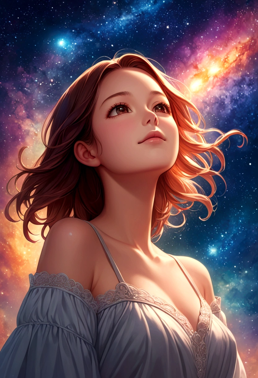 high detail, Super details, ultra high resolution, Girl enjoying time in dreamy galaxy, surrounded by stars, Warm light shines on her, The background is starry sky,There are colorful galaxies and galaxy clouds, Stars are flying around her, delicate face, Add a playful atmosphere ,