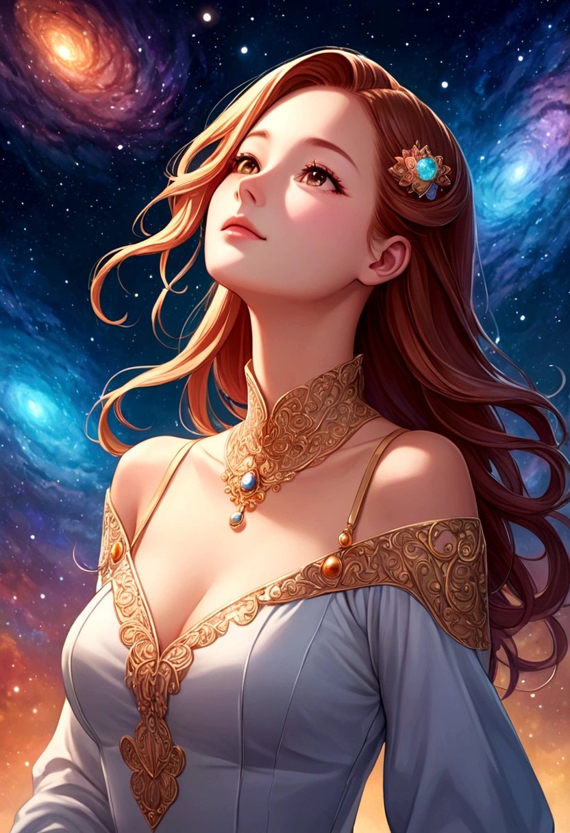 high detail, Super details, ultra high resolution, Girl enjoying time in dreamy galaxy, surrounded by stars, Warm light shines on her, The background is starry sky，There are colorful galaxies and galaxy clouds, Stars are flying around her, delicate face, Add a playful atmosphere , 