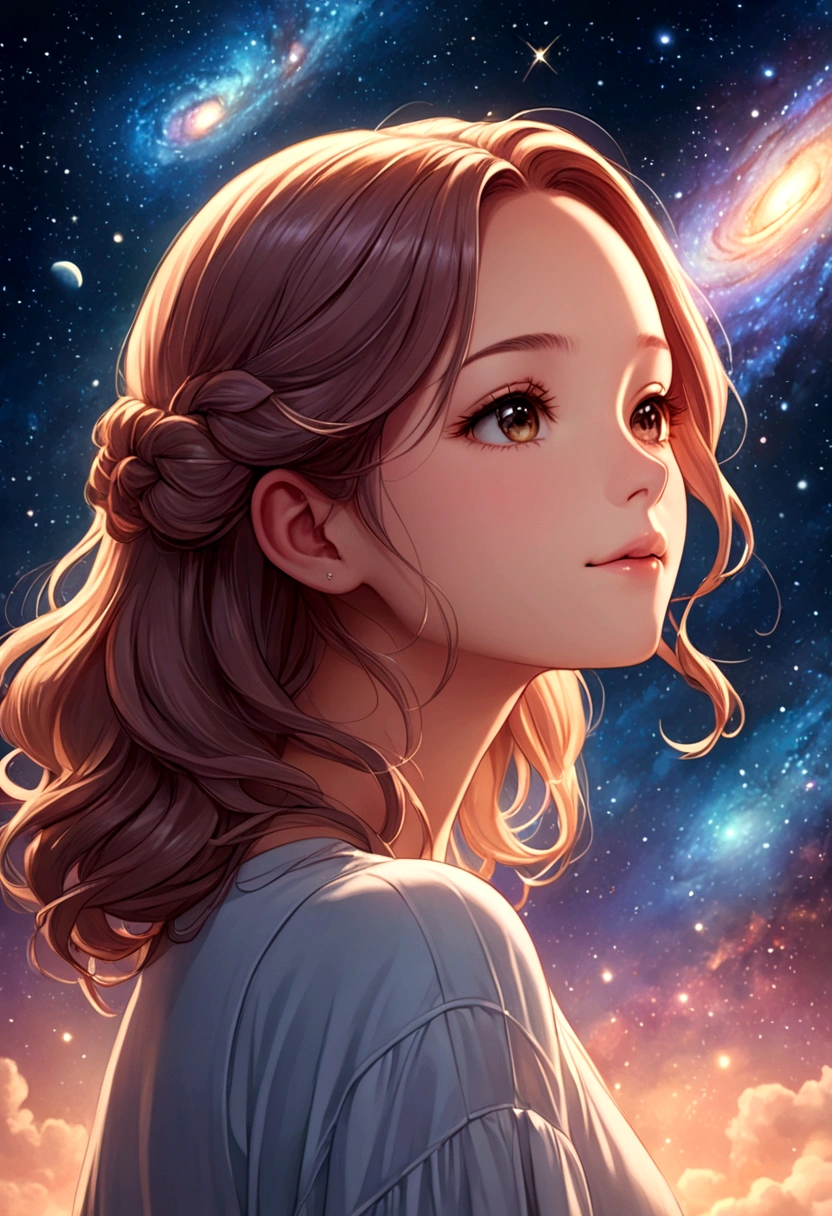 high detail, Super details, ultra high resolution, Girl enjoying time in dreamy galaxy, surrounded by stars, Warm light shines on her, The background is starry sky,There are colorful galaxies and galaxy clouds, Stars are flying around her, delicate face, Add a playful atmosphere ,