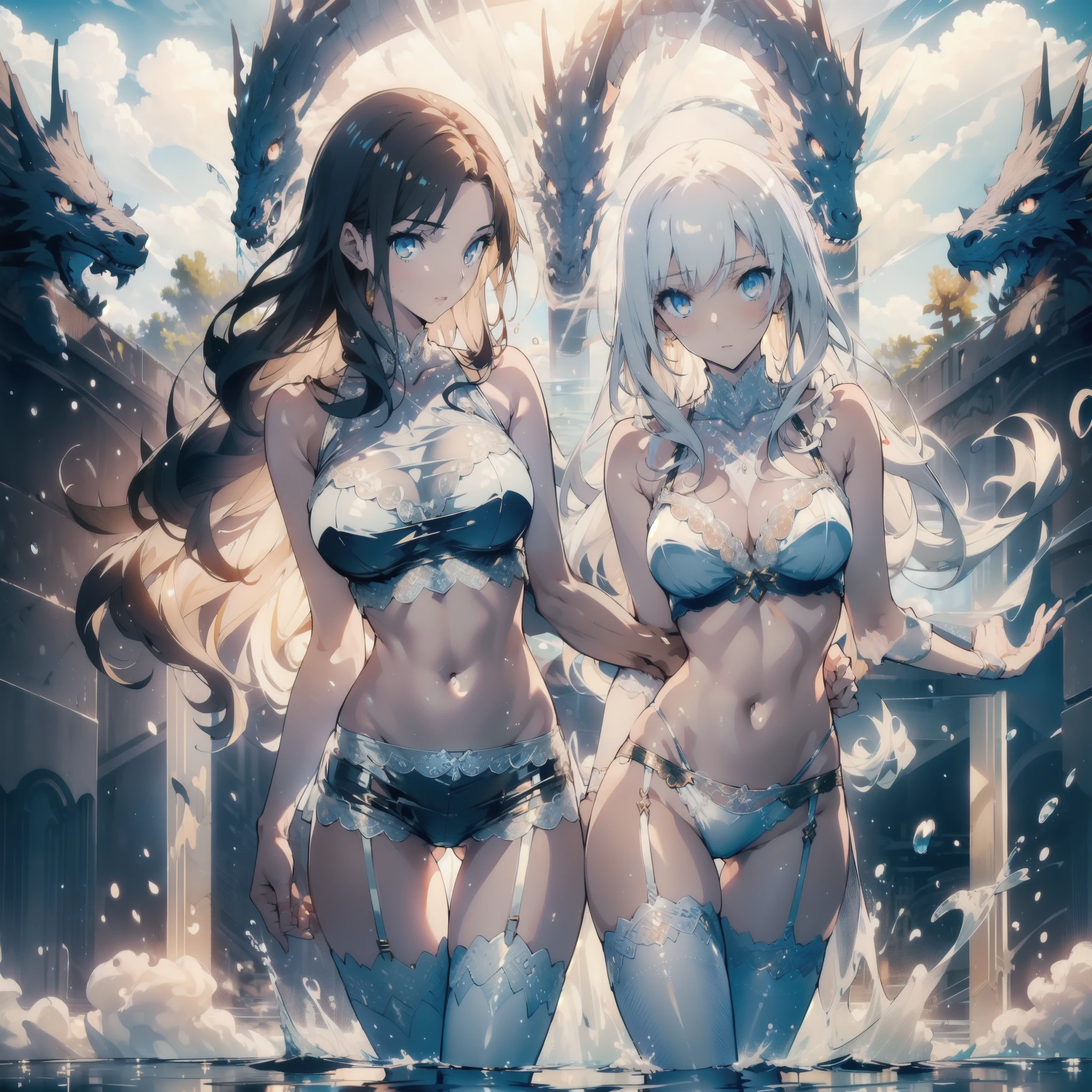 ((masterpiece, best quality)), Delicate face,fighter,whole body,Standing picture,Long legs,Large Breasts,Gradient long wavy hair,Perfect body proportions,Pretty golden eyes,Extremely beautiful,transparent, Pure white background,cloud,Dragon Soul,Water Ripples,Erotic_lingerie,Sexy_Bikini,Lace,Garter stockings