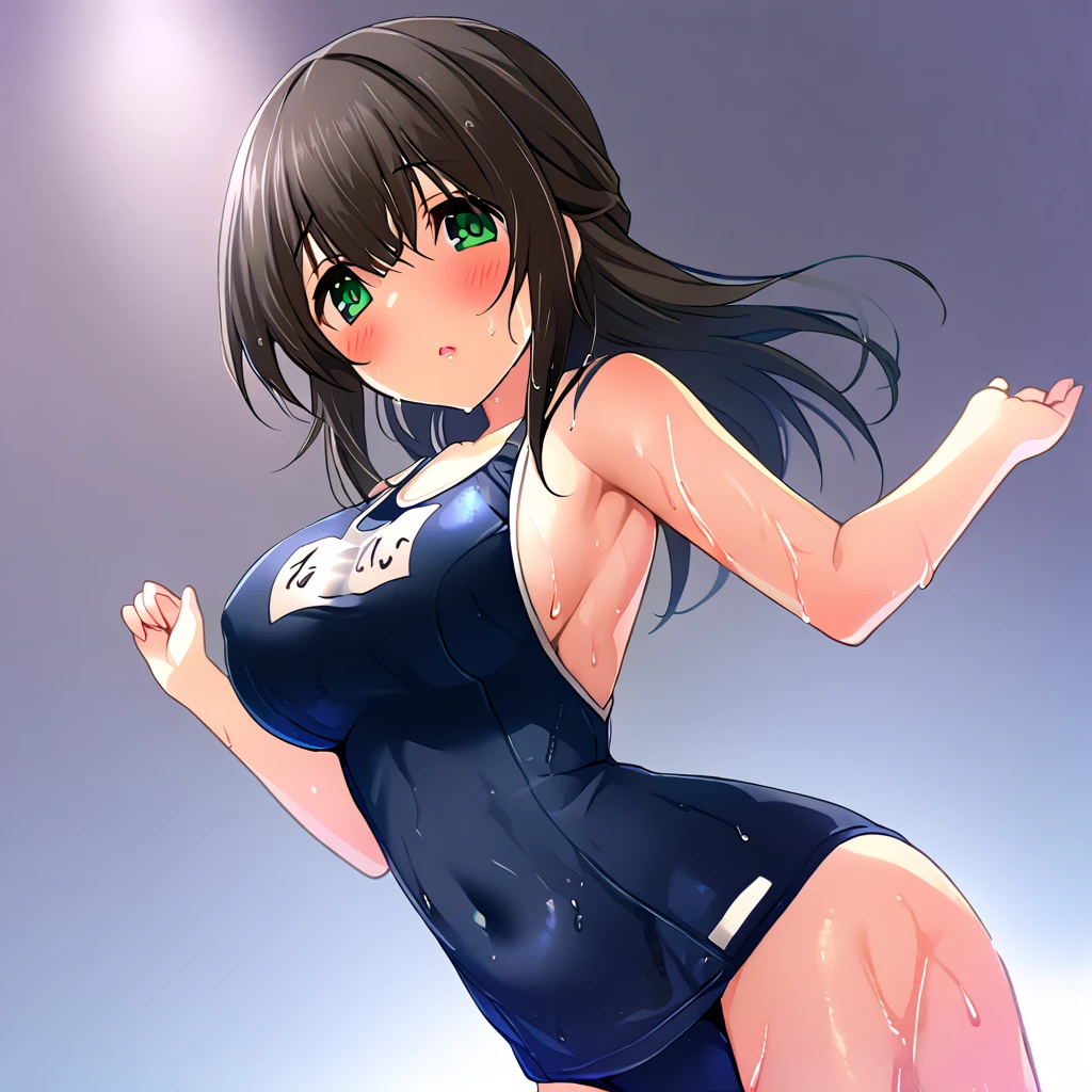 masterpiece, (solo:2), (1 girl:1.5), (FumikaSagisawa, score_9, score_8_up, score_7_up, source_anime, sgswfmk), (long hair), (black hair), (full body), (school swimsuit), (huge tits), blush, sweat, wet hair, wet swimsuit, (lips apart), swimming in a beach,