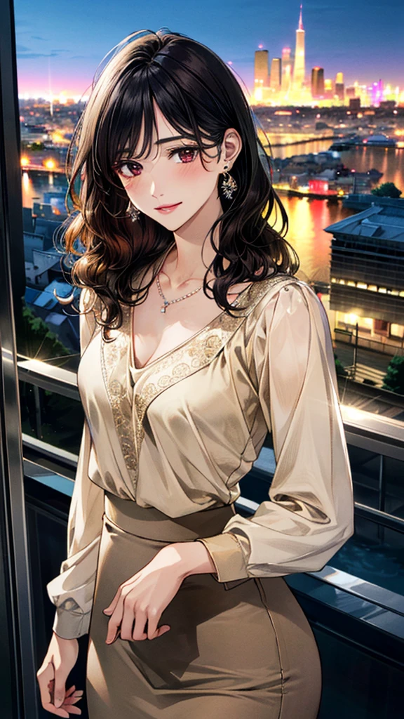 (masterpiece:1.3, Highest quality, Ultra-high resolution, Super detailed), (Realistic, photoRealistic:1.4), Beautiful illustrations, Perfect lighting, colorful, Depth of written boundary, 
Beautiful detailed hair, Beautifully detailed face, Beautiful fine details, Beautiful clavicle, Beautiful body, 美しいLarge Breasts, Beautiful thighs, Beautiful feet, Beautiful fingers, 
View Viewer、Front view:0.6, Beauty1人, Japanese, Beauty、30 years old, Perfect Face, (Perfect Anatomy, Anatomically correct), Cute and symmetrical face, Baby Face, , Shiny skin, 
((Beige blouse:1.4)), ((burgundy long skirt 1.5))
(Black Hair, Medium Wavy Hair:1.4),  Dark brown eyes, (Large Breasts), Slim body, 
necklace, (Small earrings:1.3), 
(Beautiful views), (night), (city, cityscape in the distance), Standing with good posture, A soft smile、(Smile, Lips parted), 
