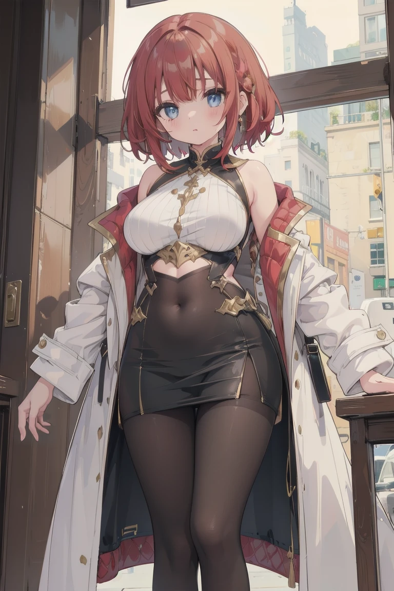 girl, White blouse, mini skirt, Black Pantyhose, white overcoat, Are standing, Glamorous clothing, Complex clothing,, A familiar face, Brown and gold tones, Day、Braided Hair、I-cup breasts、Protruding chest、Protruding buttocks、Red color hair、Short Hair
